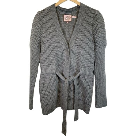 Juicy Couture Gray Lambs Wool Blend Open Front Sash Tie Cardigan Sweater Large - Picture 1 of 9